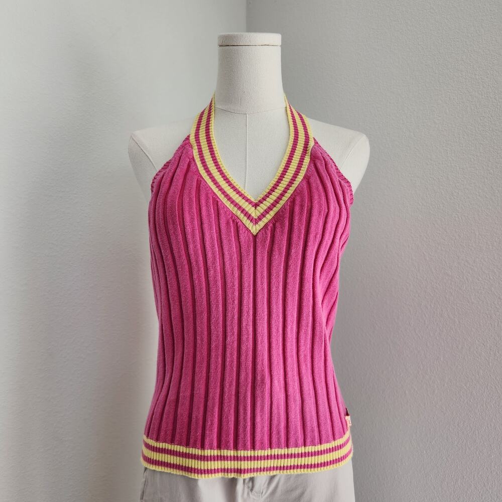 Vintage Y2K Mudd Pink Yellow Striped Ribbed Knit Halter Top Barbiecore S M